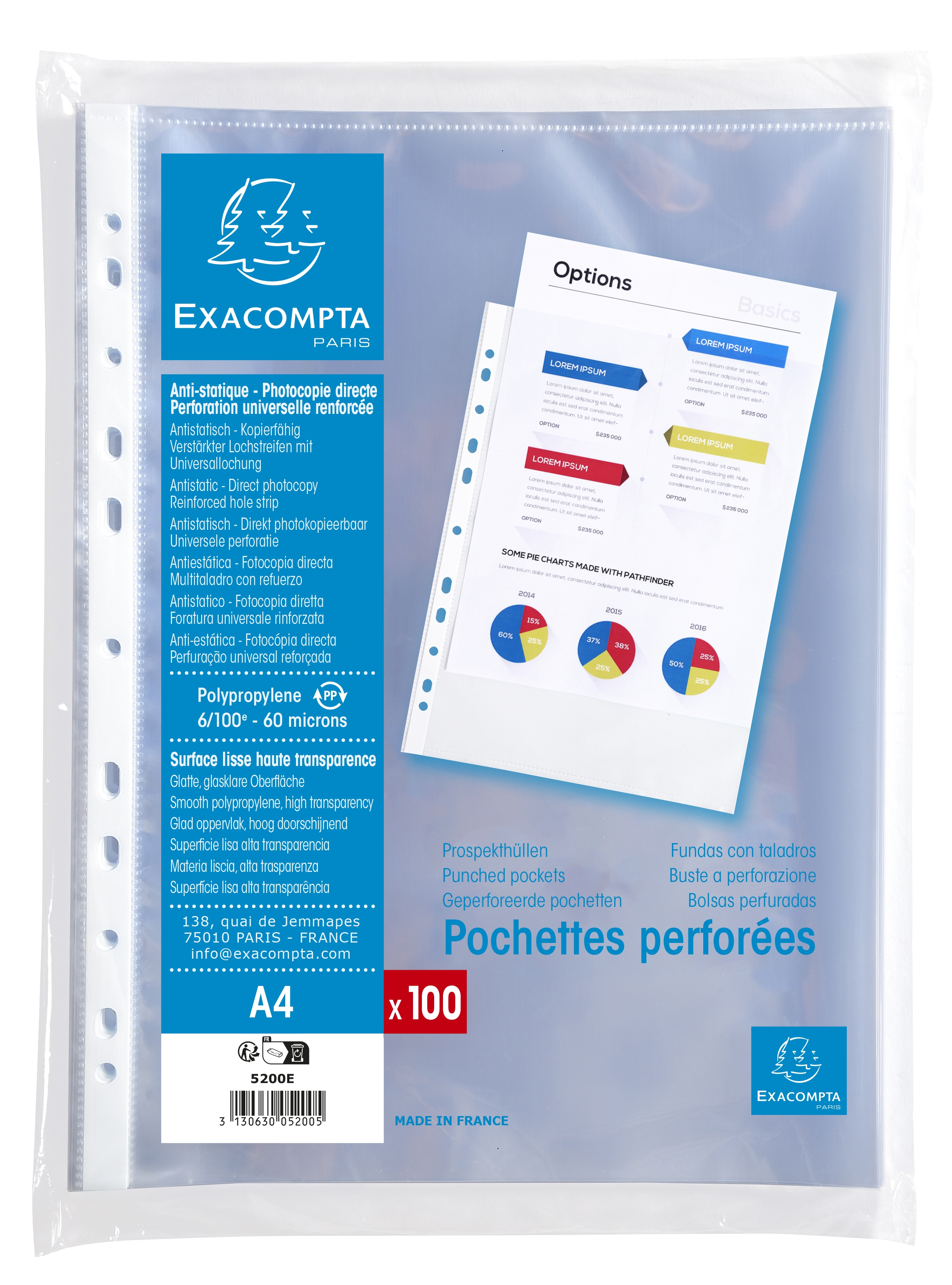 Sachet de 100 pochettes perforées polypropylène lisse 5/100e - A4. 