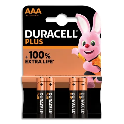 DURACELL Piles alcalines AAA Plus 100%, 1,5V LR03 MN2400, lot de 4 piles
